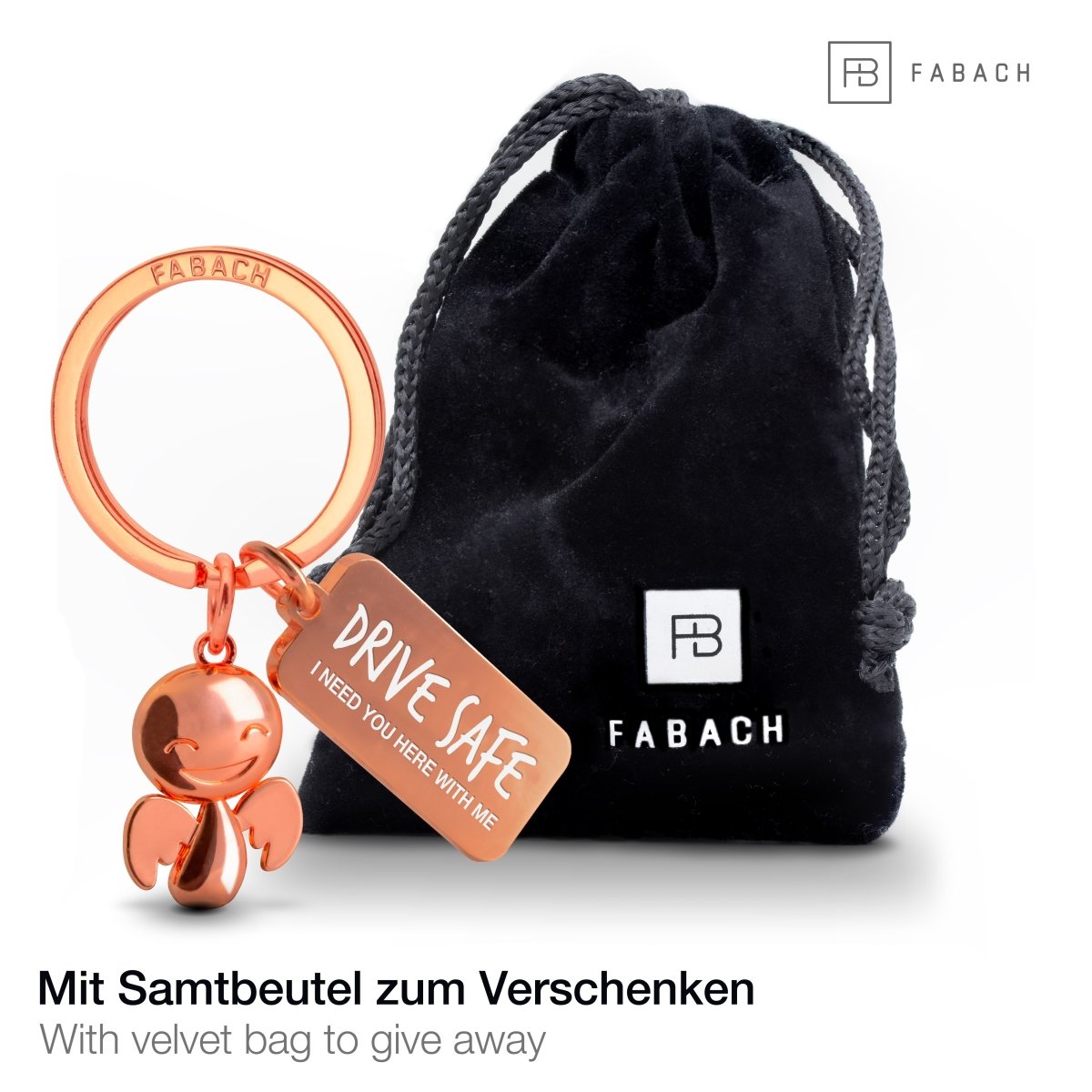 "Happy" Schutzengel Schlüsselanhänger - Glücksbringer mit Botschaft Gravur "Drive safe" - FABACH#farbe_roségold