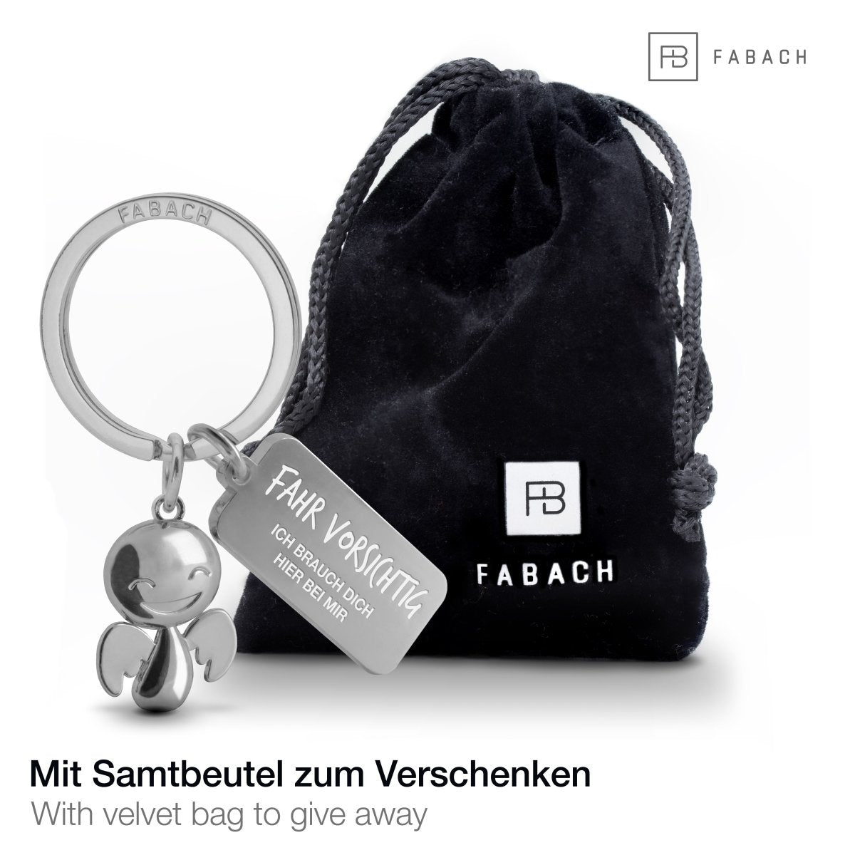 "Happy" Schutzengel Schlüsselanhänger - Glücksbringer mit Botschaft Gravur "Fahr vorsichtig" - FABACH#farbe_silber