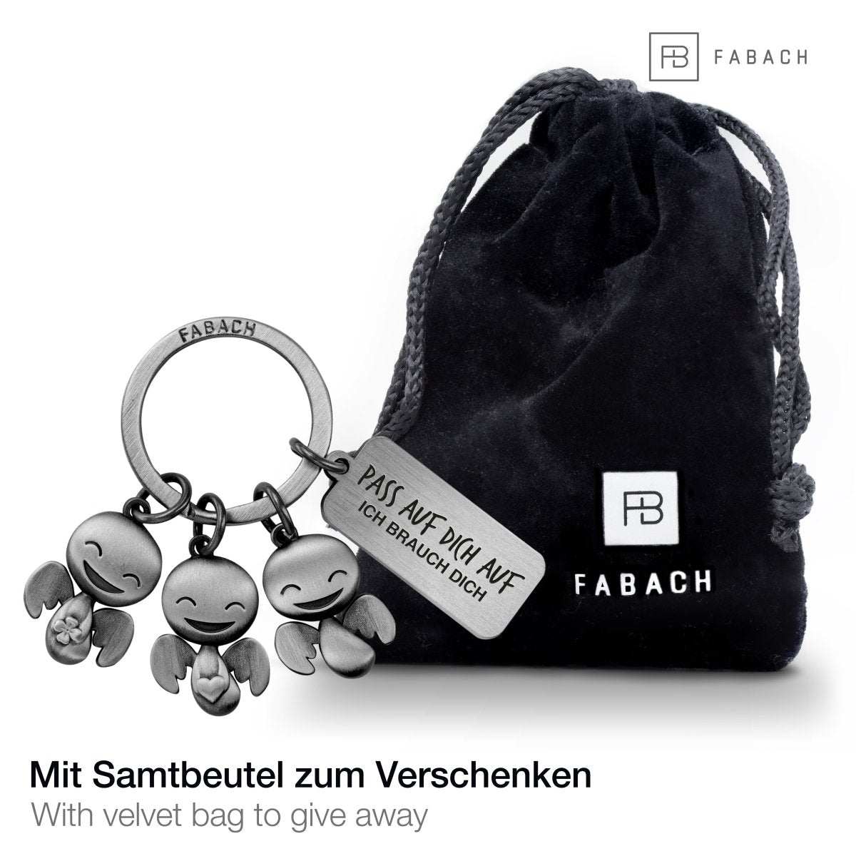 "Happy-Trio" Schutzengel Schlüsselanhänger - Engel Glücksbringer Auto mit Botschaft Gravur "Pass auf dich auf" - FABACH#farbe_antique silber