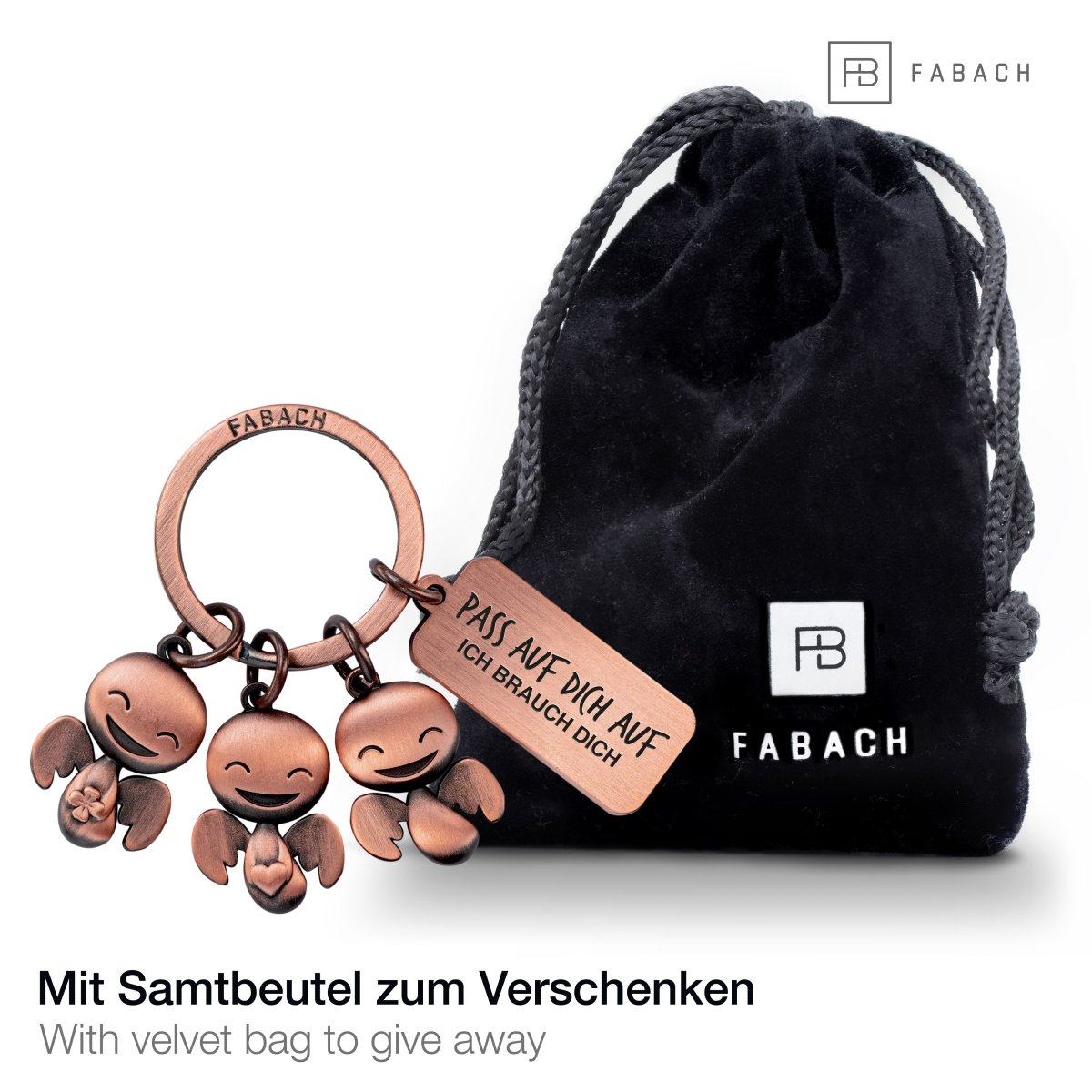 "Happy-Trio" Schutzengel Schlüsselanhänger - Engel Glücksbringer Auto mit Botschaft Gravur "Pass auf dich auf" - FABACH#farbe_antique roségold