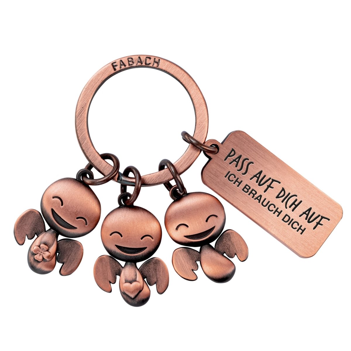 "Happy-Trio" Schutzengel Schlüsselanhänger - Engel Glücksbringer Auto mit Botschaft Gravur "Pass auf dich auf" - FABACH#farbe_antique roségold