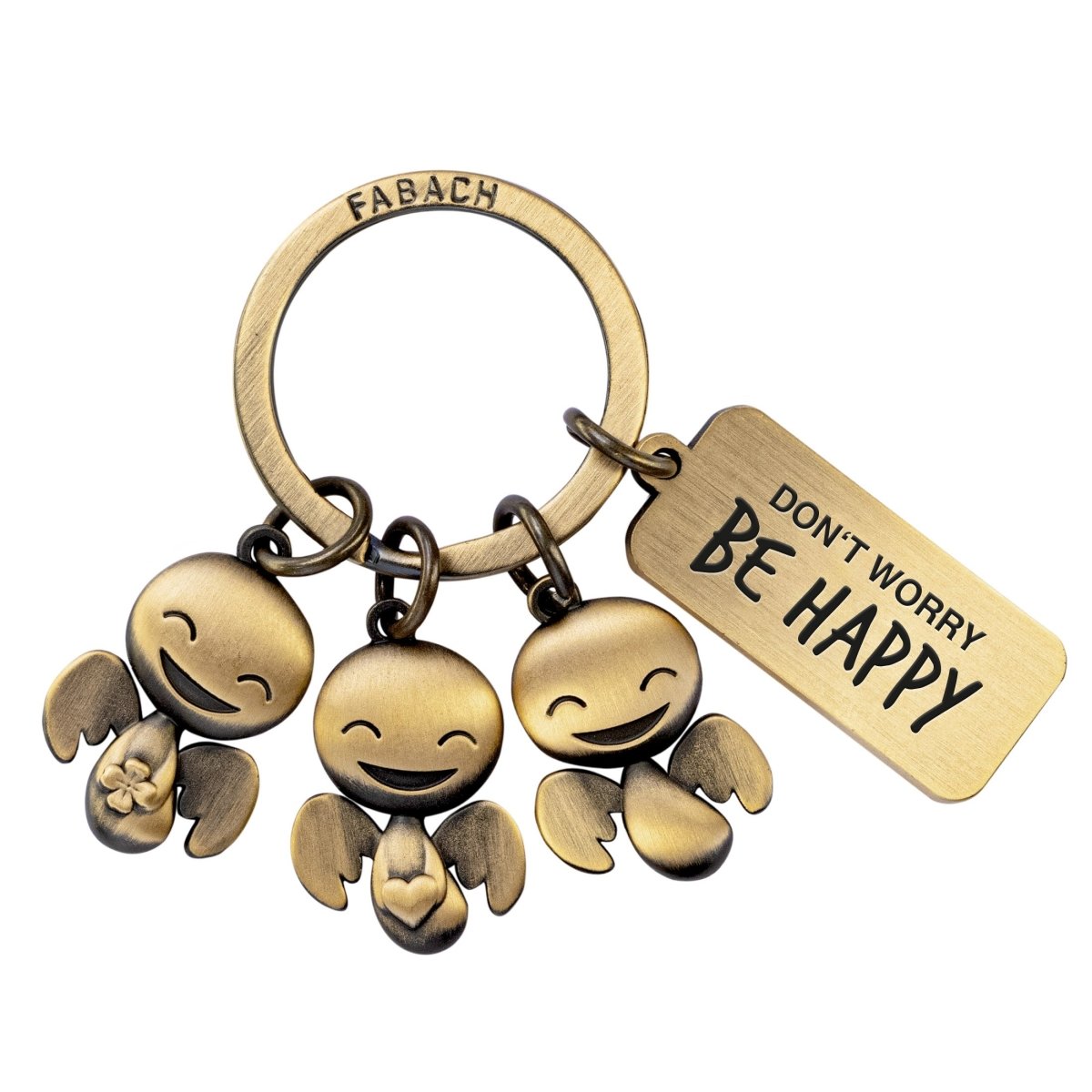 "Happy-Trio" Schutzengel Schlüsselanhänger - Engel Glücksbringer mit Botschaft Gravur "Don't worry, be happy" - FABACH#farbe_antique bronze