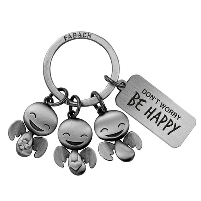 "Happy-Trio" Schutzengel Schlüsselanhänger - Engel Glücksbringer mit Botschaft Gravur "Don't worry, be happy"