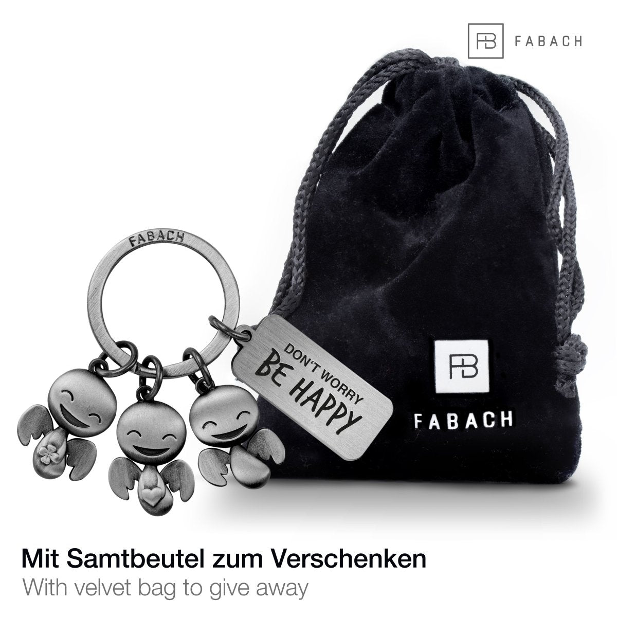 "Happy-Trio" Schutzengel Schlüsselanhänger - Engel Glücksbringer mit Botschaft Gravur "Don't worry, be happy" - FABACH#farbe_antique silber