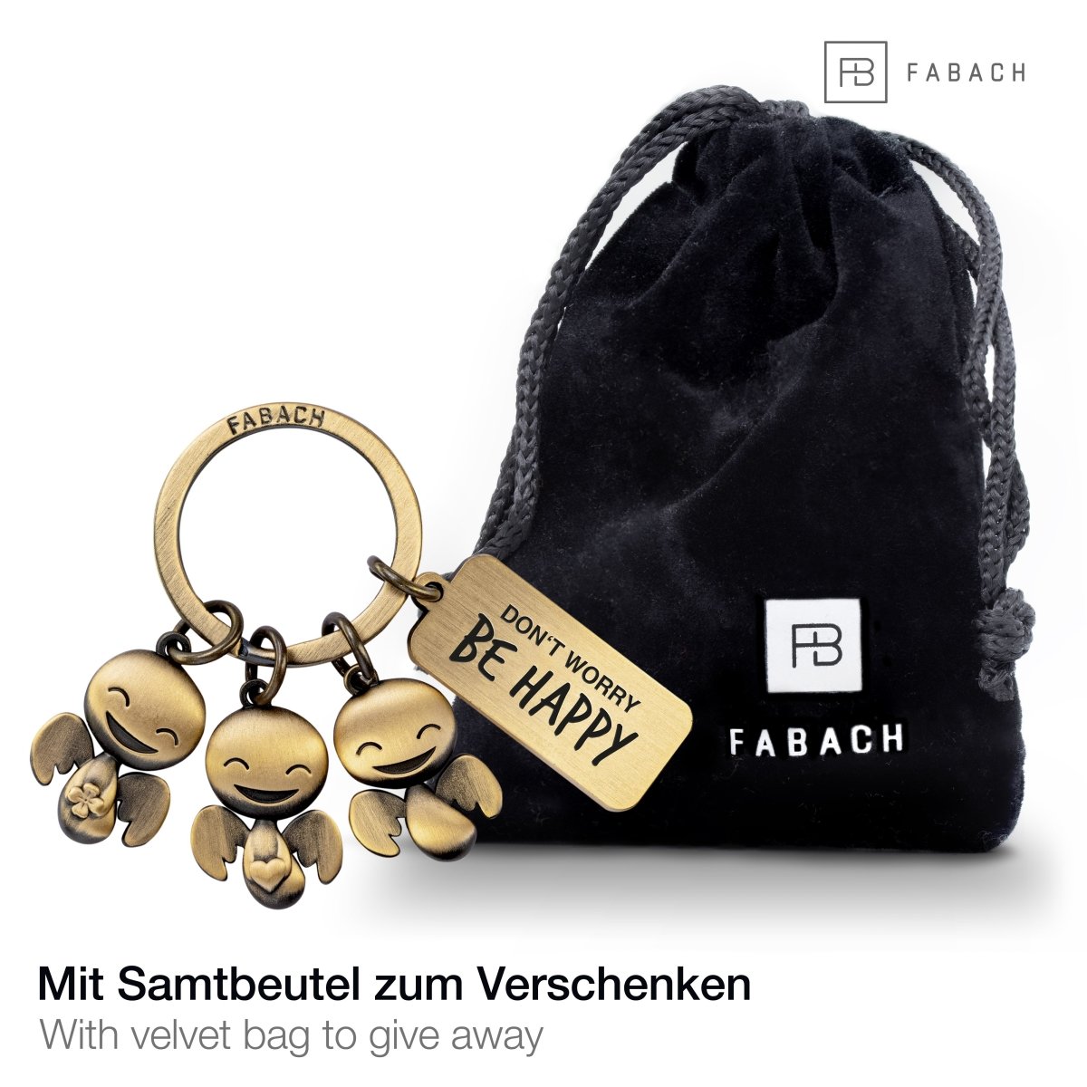 "Happy-Trio" Schutzengel Schlüsselanhänger - Engel Glücksbringer mit Botschaft Gravur "Don't worry, be happy" - FABACH#farbe_antique bronze