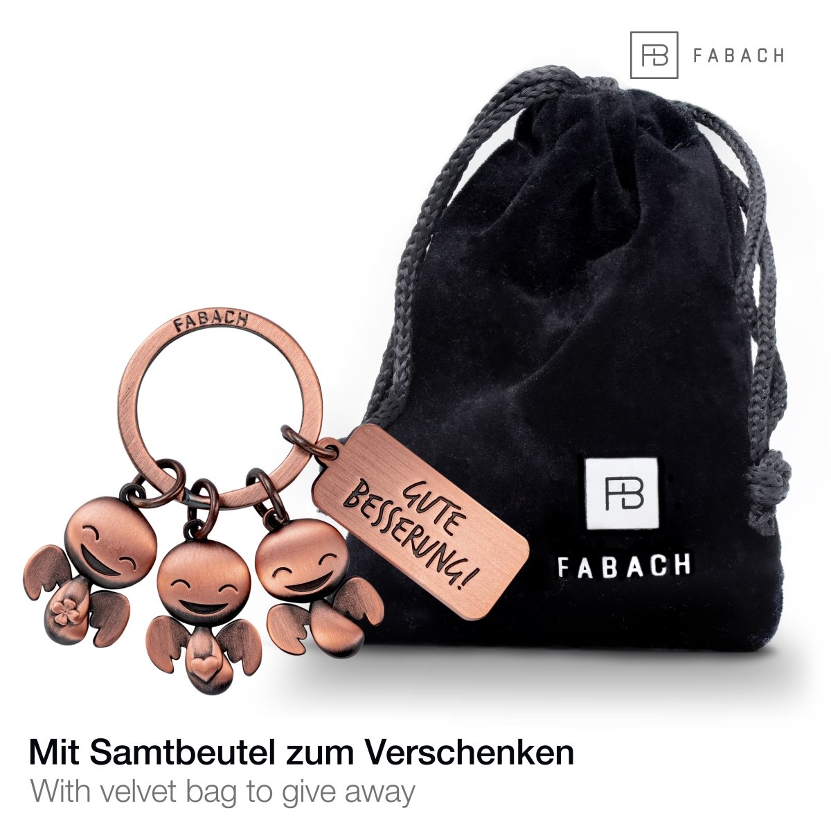 "Happy-Trio" Schutzengel Schlüsselanhänger - Engel Glücksbringer mit Botschaft Gravur "Gute Besserung" - FABACH#farbe_antique roségold
