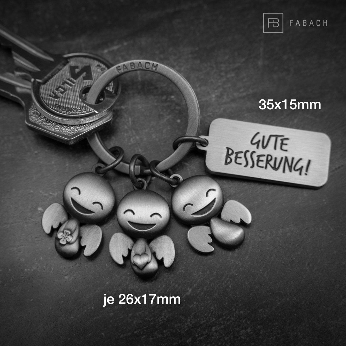 "Happy-Trio" Schutzengel Schlüsselanhänger - Engel Glücksbringer mit Botschaft Gravur "Gute Besserung" - FABACH#farbe_antique silber