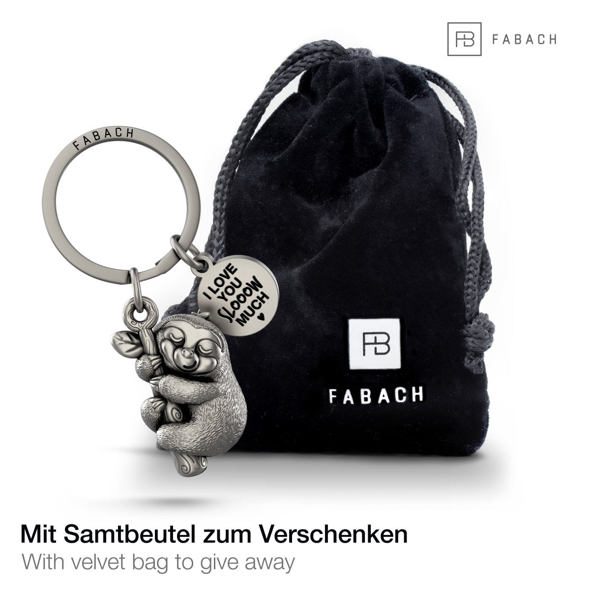 "I love you slooow much" Faultier Schlüsselanhänger "Dreamy" mit Gravur - Liebevoller Glücksbringer - FABACH#Farbe_Antique Silber