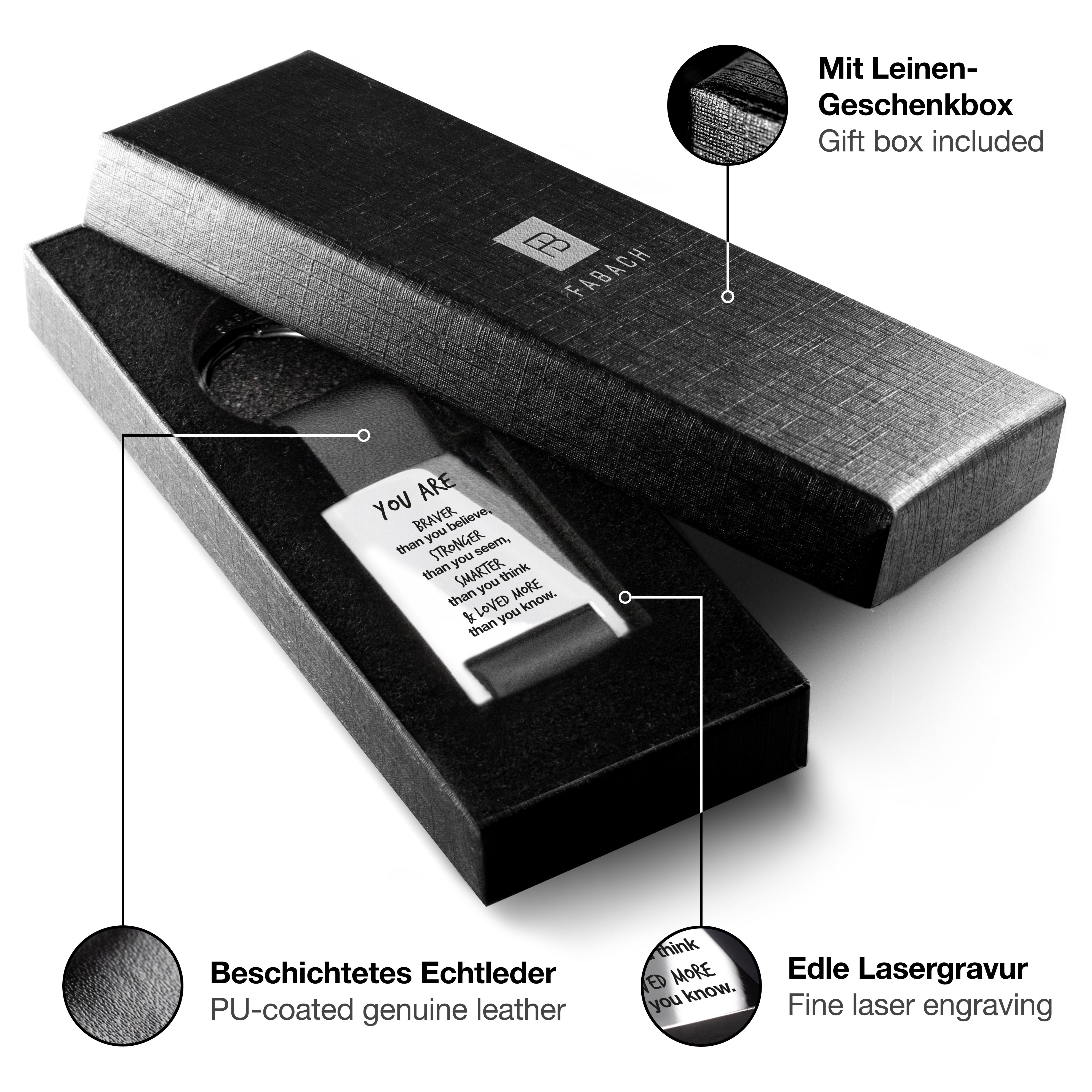"Braver Stronger Smarter" Rectangle-Schlüsselanhänger mit Gravur aus Leder - Motivierender Glücksbringer