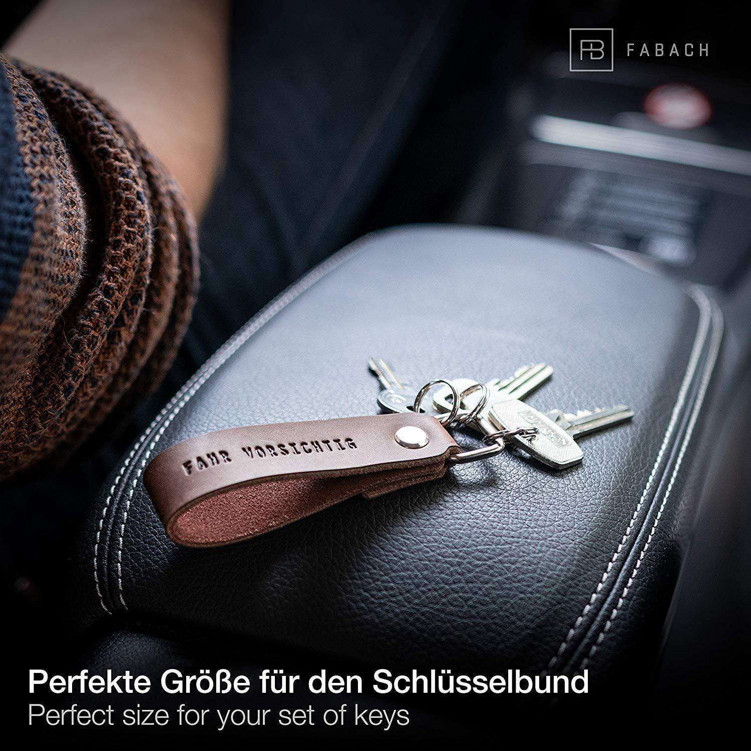 "Fahr vorsichtig" Leder-Schlüsselanhänger mit wechselbarem Schlüsselring - FABACH#farbe_braun