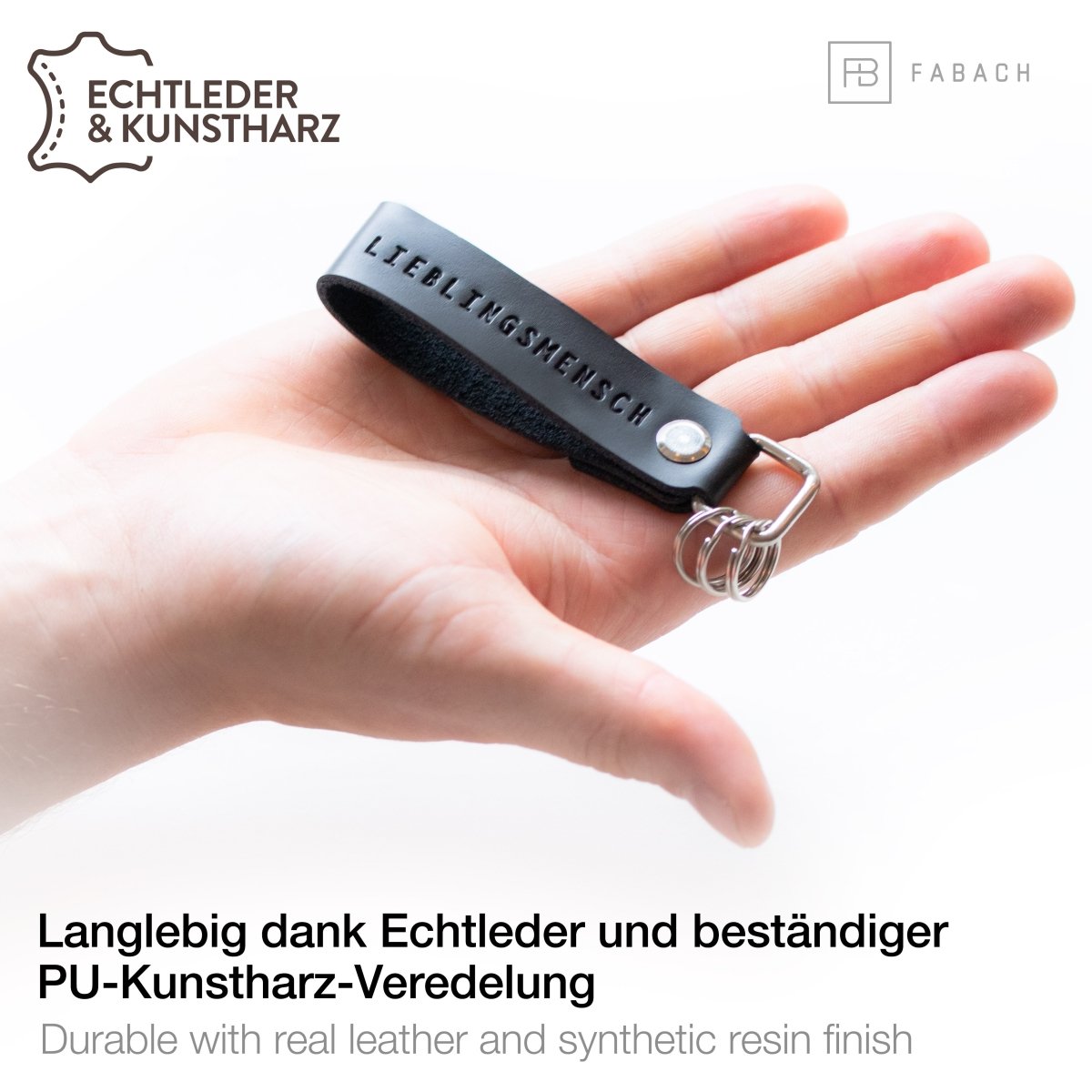 "Lieblingsmensch" Leder-Schlüsselanhänger mit wechselbarem Schlüsselring - FABACH#farbe_schwarz