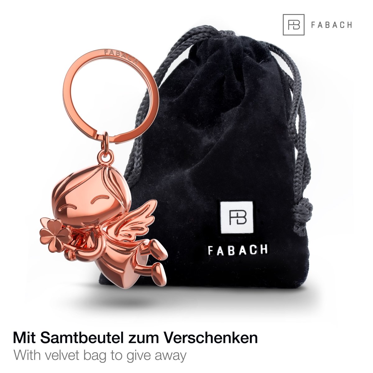 "Lucky" Schutzengel Schlüsselanhänger - Engel Glücksbringer - Viel Glück Glücksengel mit Kleeblatt - FABACH#farbe_roségold#personalisierung_ohne gravur