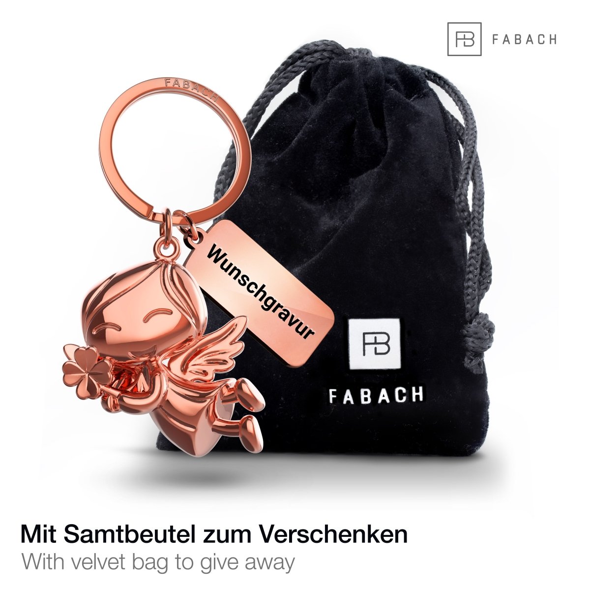 "Lucky" Schutzengel Schlüsselanhänger - Engel Glücksbringer - Viel Glück Glücksengel mit Kleeblatt - FABACH#farbe_roségold#personalisierung_mit gravur (+5.00€)
