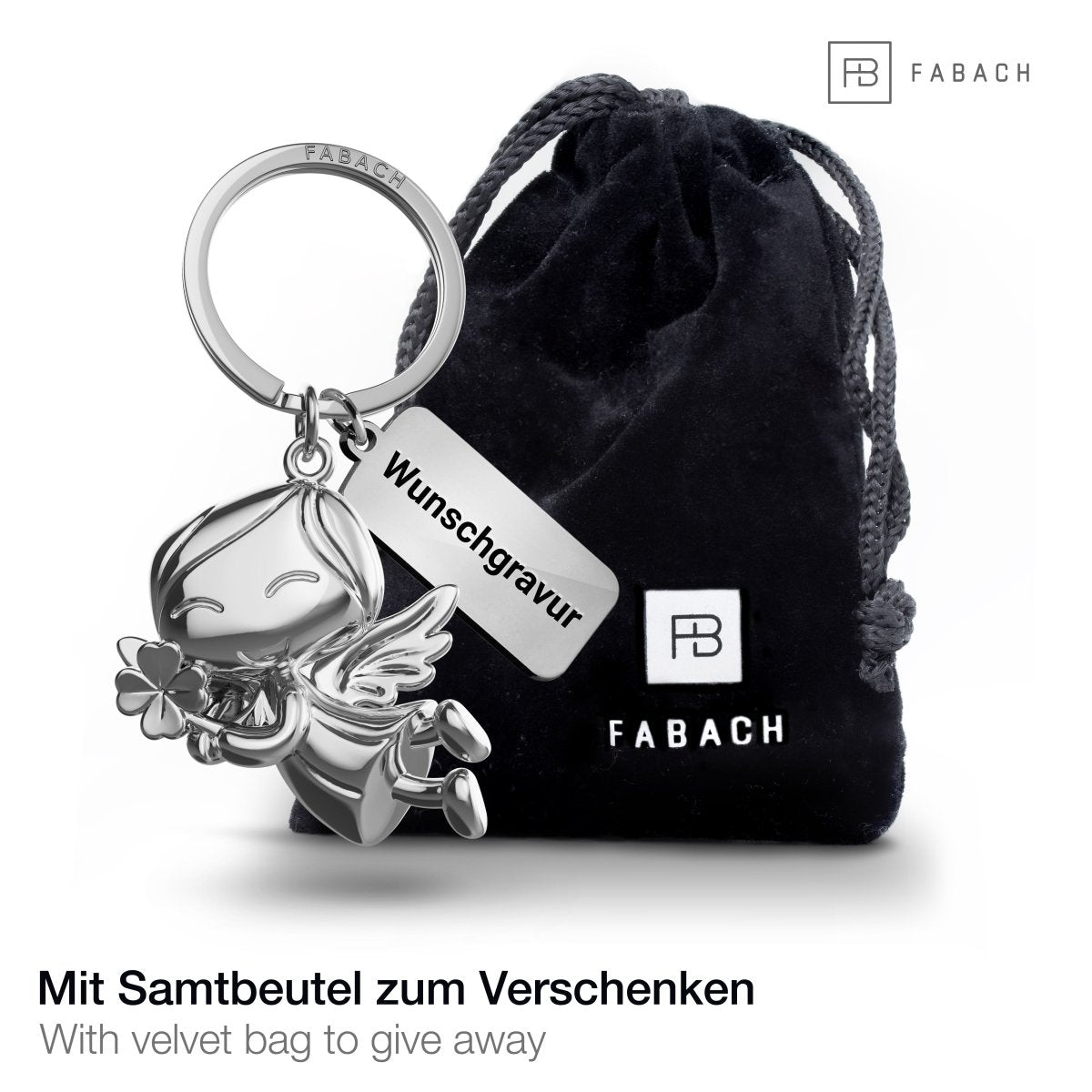 "Lucky" Schutzengel Schlüsselanhänger - Engel Glücksbringer - Viel Glück Glücksengel mit Kleeblatt - FABACH#farbe_silber#personalisierung_mit gravur (+5.00€)