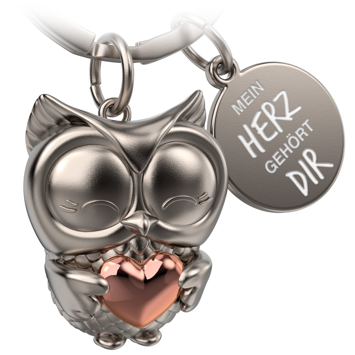 "Mein Herz gehört dir" Eule Schlüsselanhänger "Owly" mit Herz und Gravur - Liebevoller Glücksbringer für Paare - Geschenk Liebe Freundschaft - FABACH#Farbe_Roségold