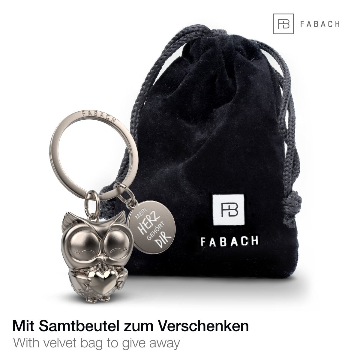 "Mein Herz gehört dir" Eule Schlüsselanhänger "Owly" mit Herz und Gravur - Liebevoller Glücksbringer für Paare - Geschenk Liebe Freundschaft - FABACH#Farbe_Silber