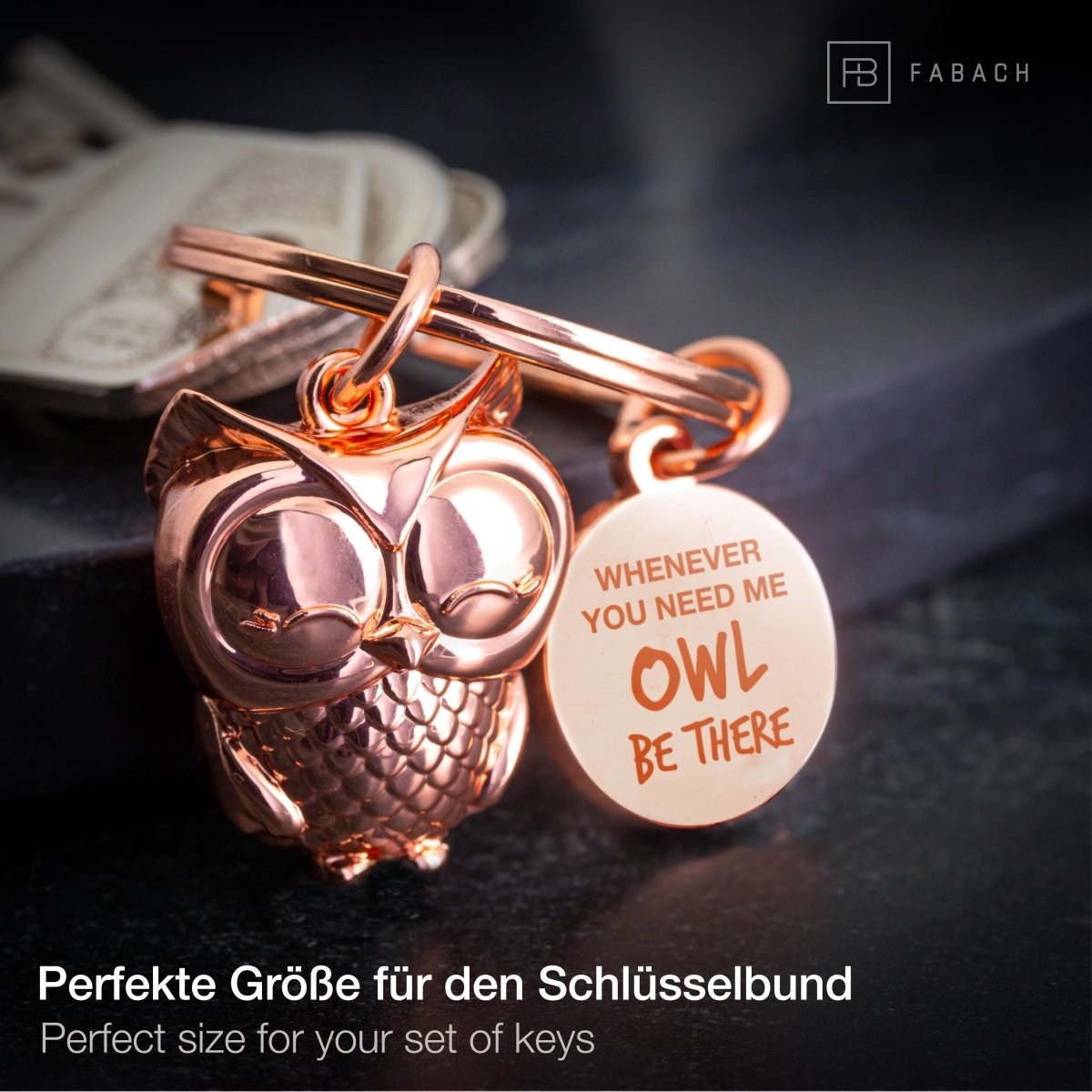 "Whenever you need me, OWL be there" Eule Schlüsselanhänger "Owly" mit Gravur - Süße Eule Glücksbringer - FABACH#farbe_roségold#botschaft_Whenever you need me owl be there