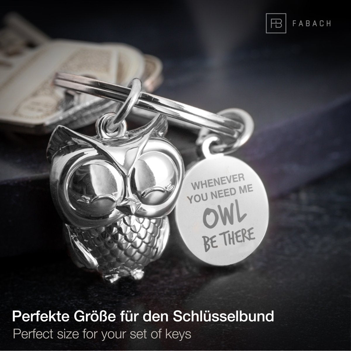 "Whenever you need me, OWL be there" Eule Schlüsselanhänger "Owly" mit Gravur - Süße Eule Glücksbringer - FABACH#farbe_silber#botschaft_Whenever you need me owl be there