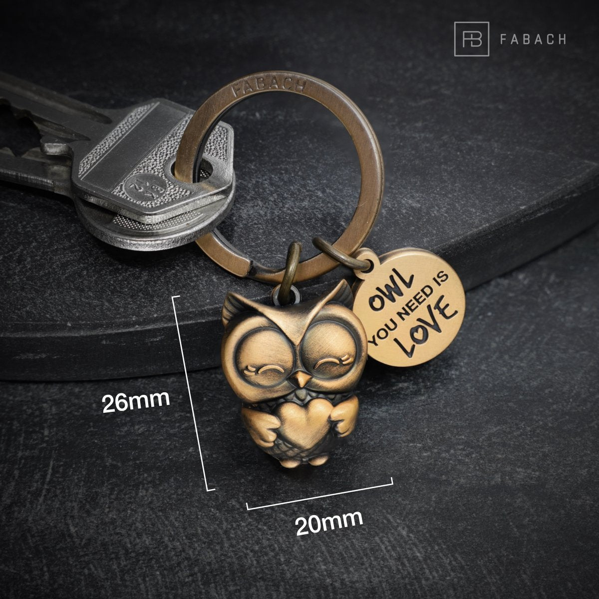 "Owl you need is Love" Eule Schlüsselanhänger Owly mit Herz und Gravur - Süße Eule Glücksbringer - FABACH#farbe_antique bronze#botschaft_Owl you need is love