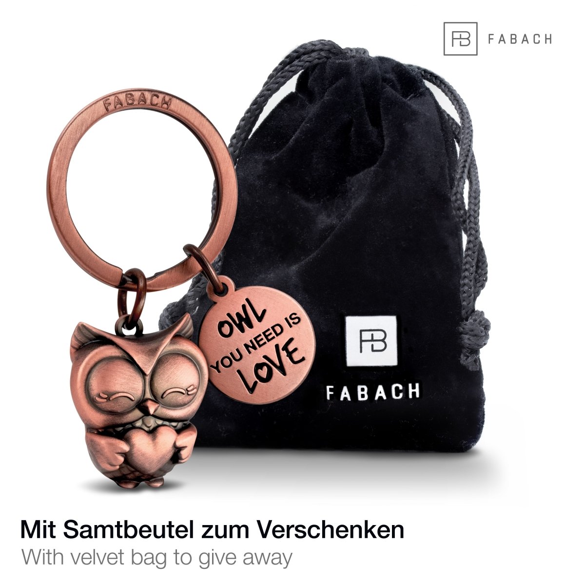 "Owl you need is Love" Eule Schlüsselanhänger Owly mit Herz und Gravur - Süße Eule Glücksbringer - FABACH#farbe_antique roségold#botschaft_Owl you need is love