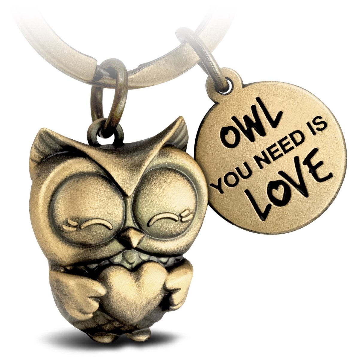 "Owl you need is Love" Eule Schlüsselanhänger Owly mit Herz und Gravur - Süße Eule Glücksbringer - FABACH#farbe_antique bronze#botschaft_Owl you need is love