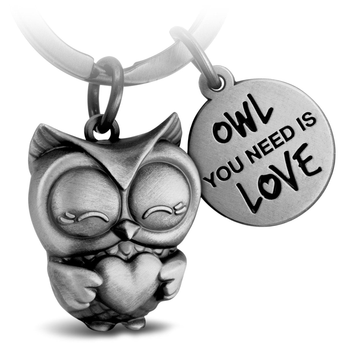 "Owl you need is Love" Eule Schlüsselanhänger Owly mit Herz und Gravur - Süße Eule Glücksbringer - FABACH#farbe_antique silber#botschaft_Owl you need is love