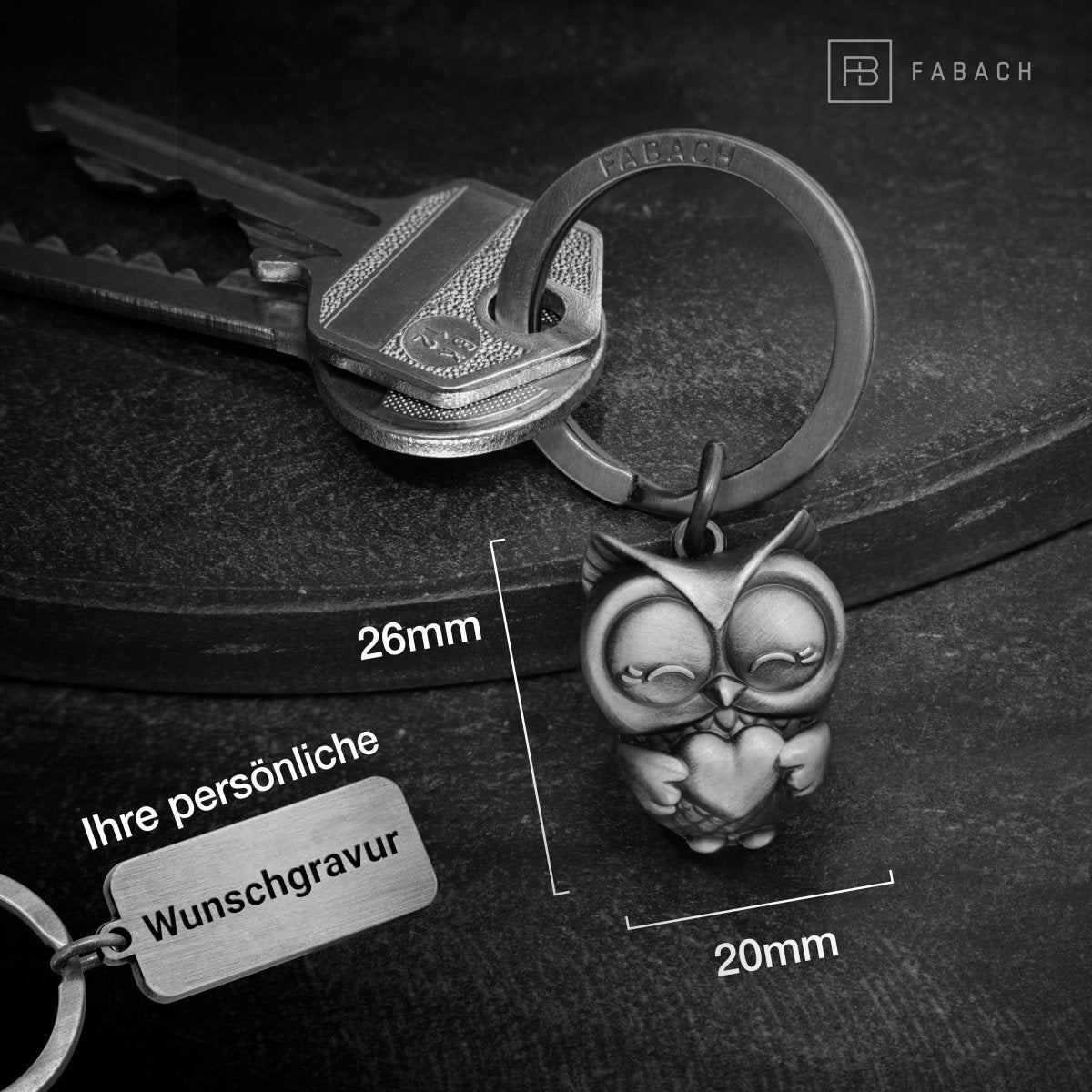 "Owl you need is Love" Eule Schlüsselanhänger Owly mit Herz und Gravur - Süße Eule Glücksbringer - FABACH#farbe_antique silber#botschaft_eigene gravur (+3.00€)
