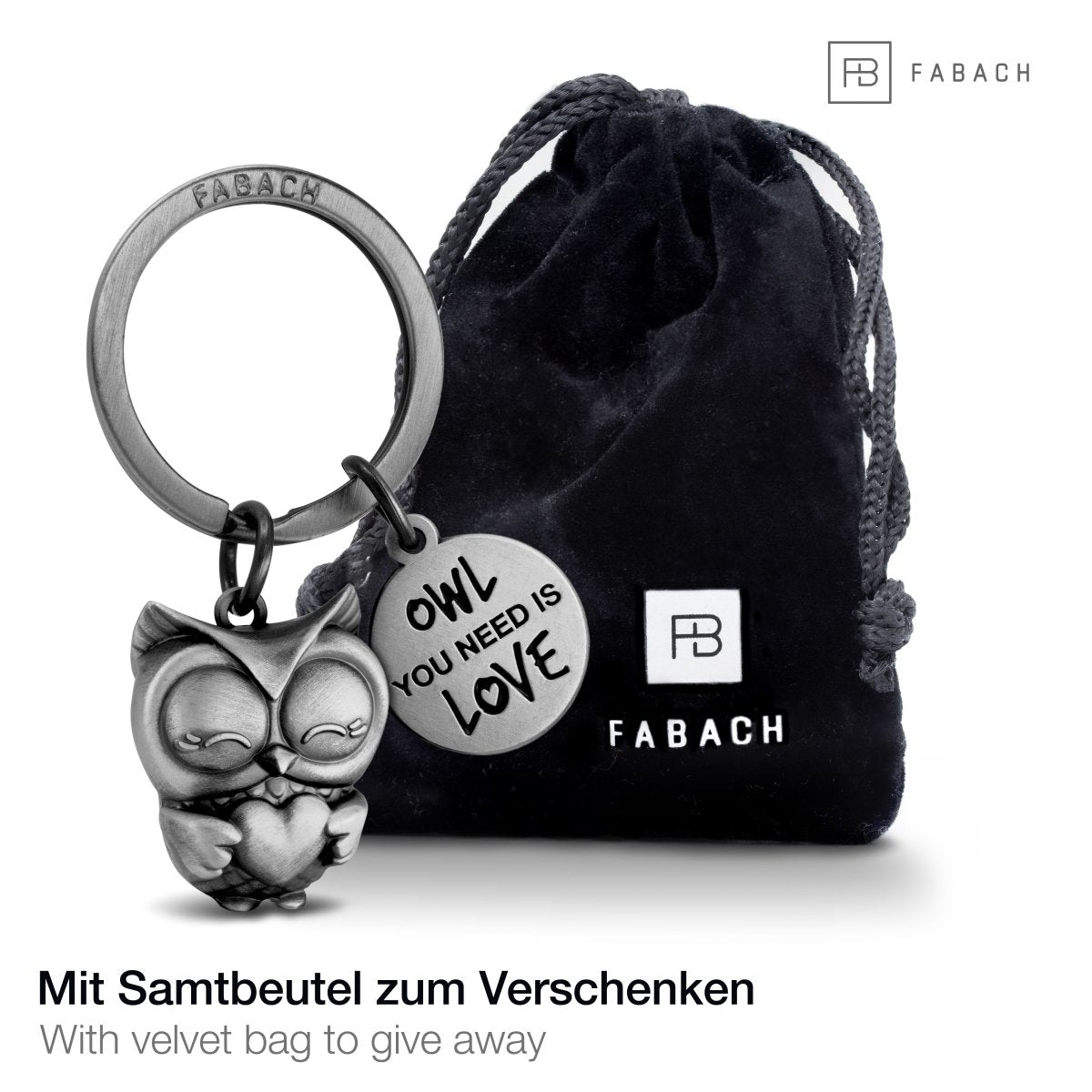 "Owl you need is Love" Eule Schlüsselanhänger Owly mit Herz und Gravur - Süße Eule Glücksbringer - FABACH#farbe_antique silber#botschaft_Owl you need is love