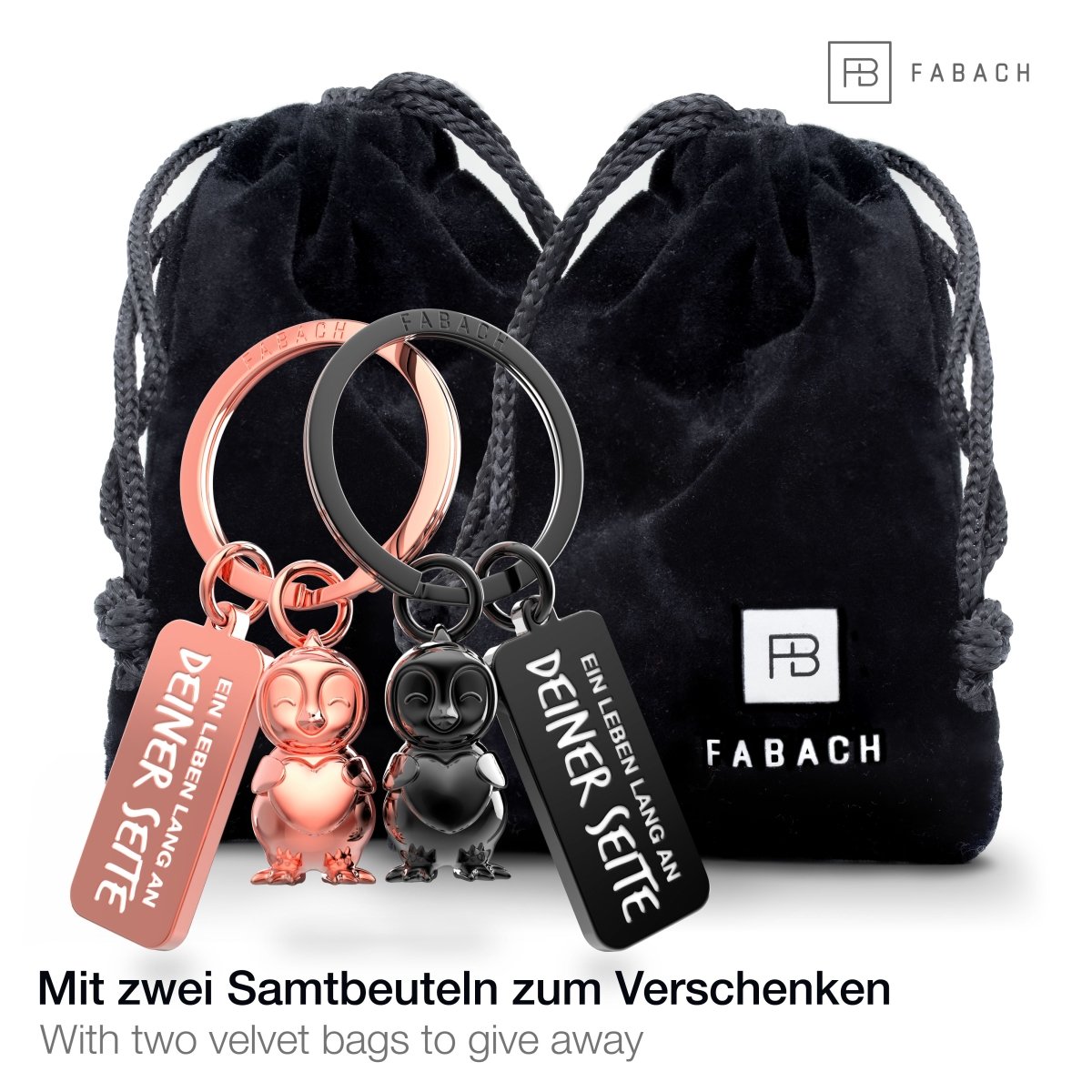 Partneranhänger "Frosty" mit Herz - Pinguin Schlüsselanhänger mit Gravur "Ein Leben lang an Deiner Seite" - Süße Pinguin Anhänger für Paare - FABACH#farbe_roségold & schwarz
