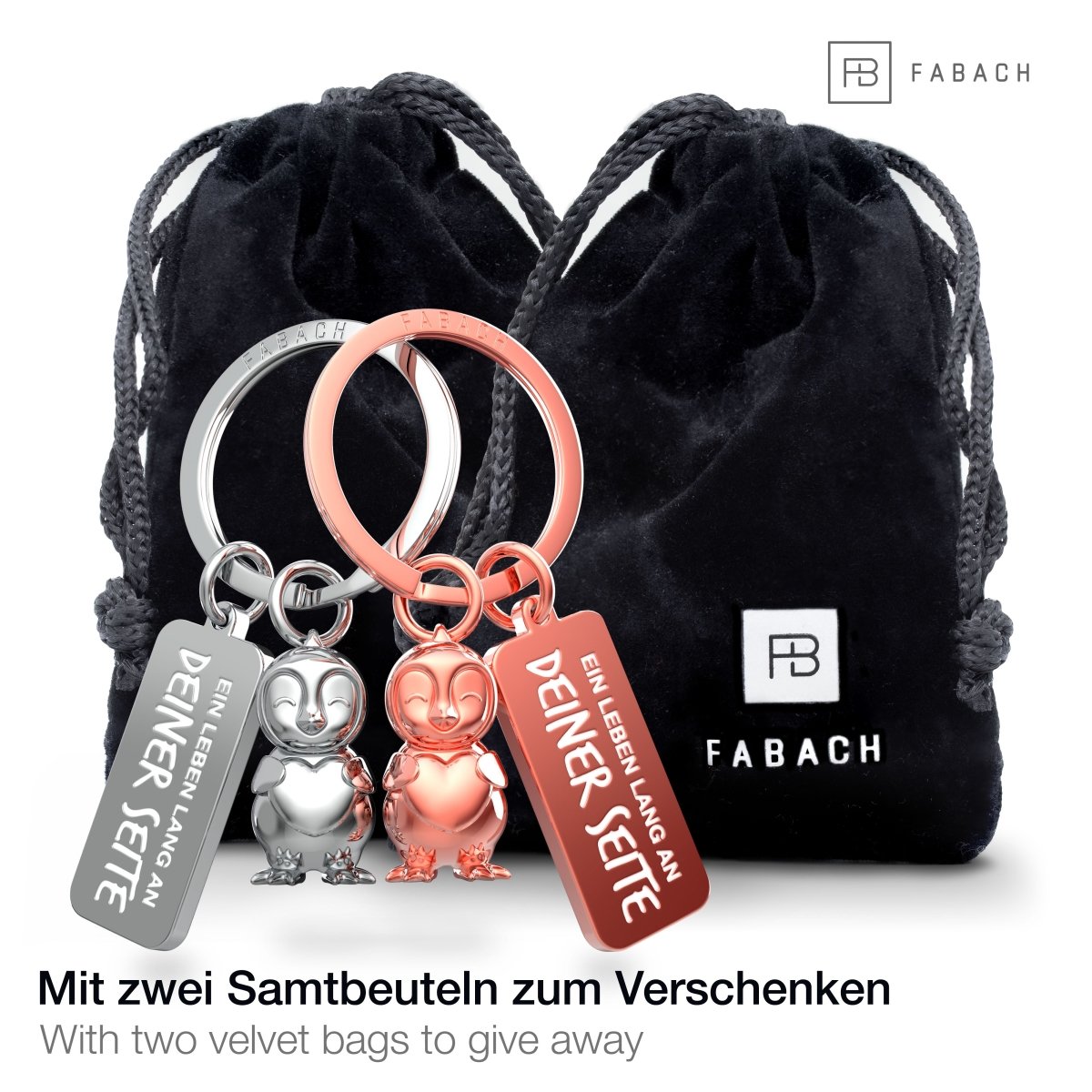 Partneranhänger "Frosty" mit Herz - Pinguin Schlüsselanhänger mit Gravur "Ein Leben lang an Deiner Seite" - Süße Pinguin Anhänger für Paare - FABACH#farbe_silber & roségold