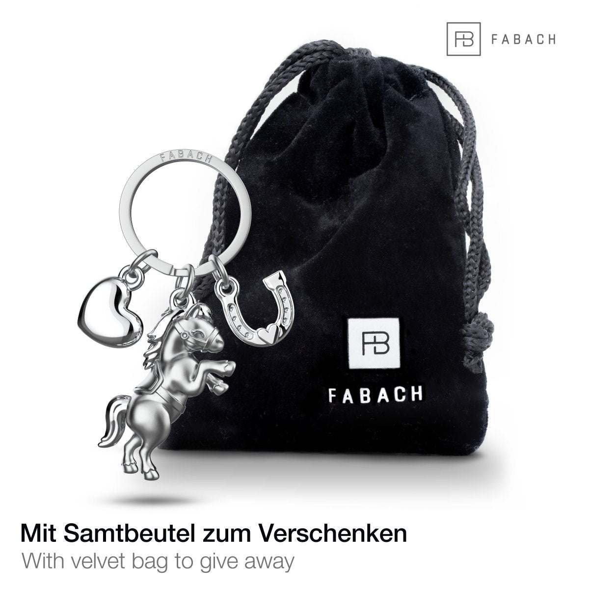 "Pony" Pferd Schlüsselanhänger mit Herz und Hufeisen - Glücksbringer Geschenk für Pferdeliebhaber - FABACH#Farbe_Silber