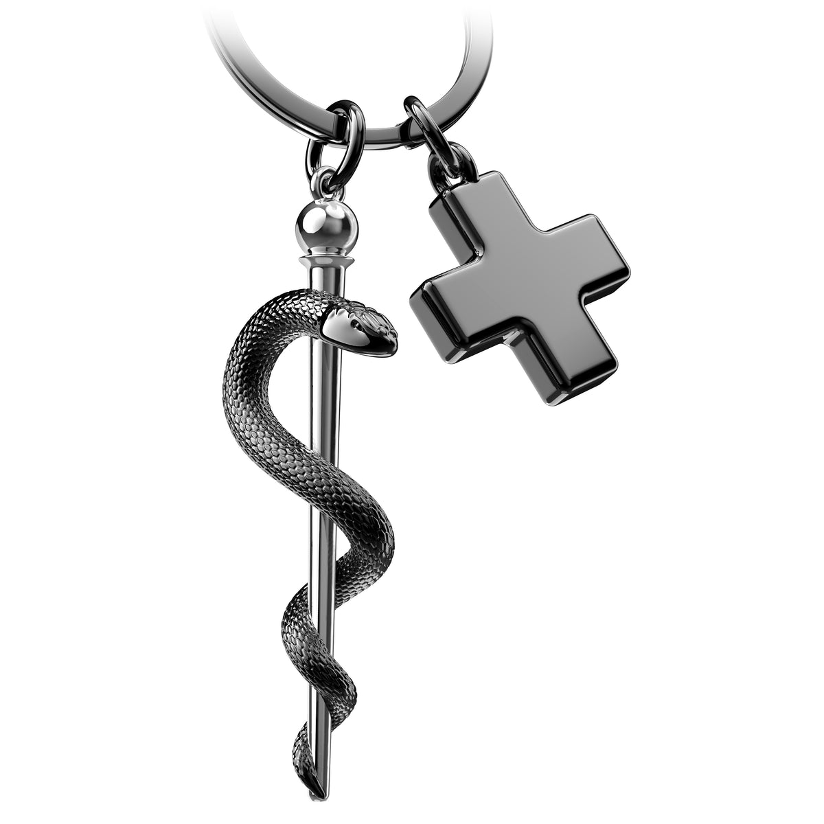 "Asklepiosstab" Schlüsselanhänger mit medizinischem Kreuz - Äskulapstab als Geschenk für Arzt Pfleger Krankenschwester - FABACH#Farbe_Schwarz