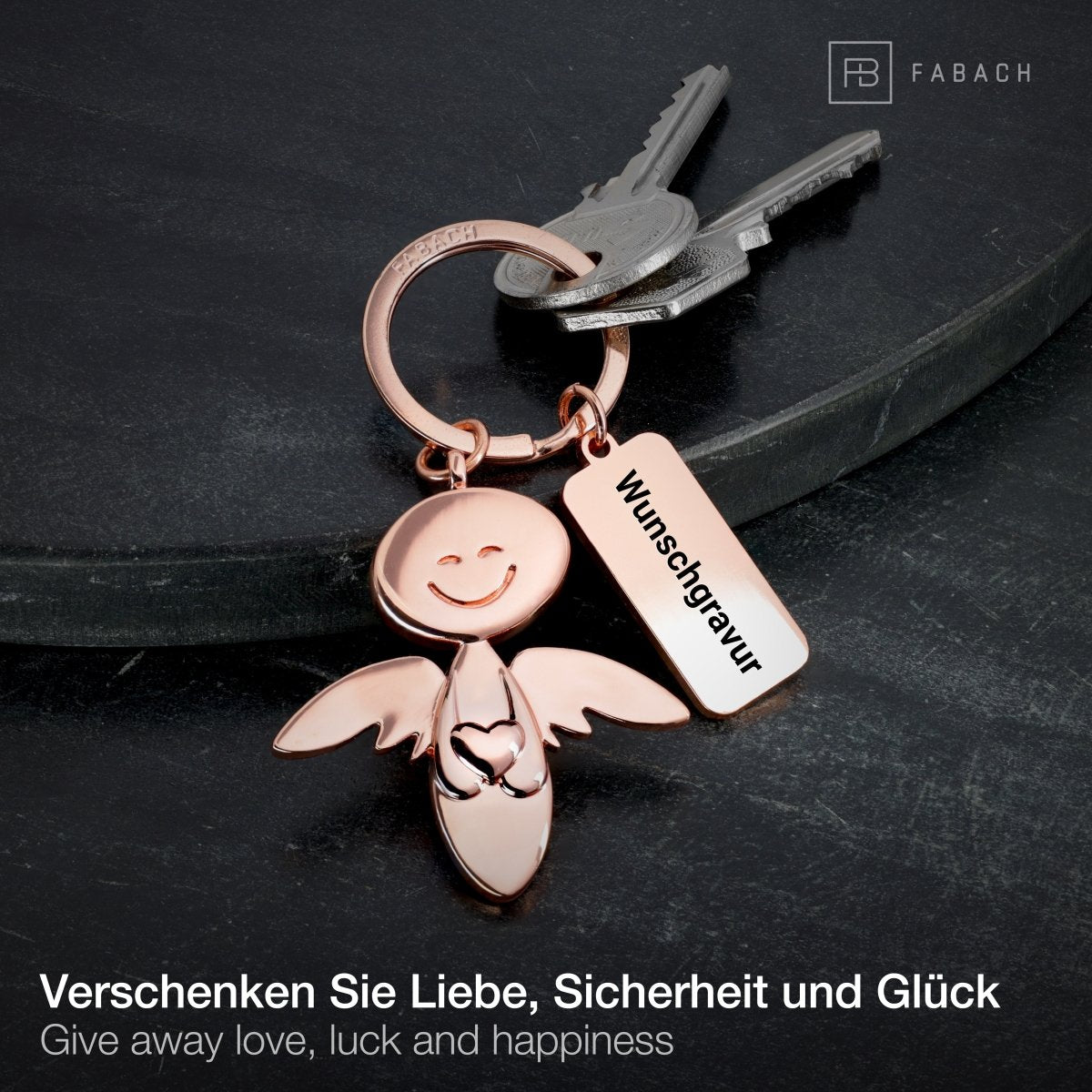 "Smile" mit Herz - Schutzengel Schlüsselanhänger - Engel Glücksbringer - FABACH#farbe_roségold#personalisierung_mit gravur (+5.00€)