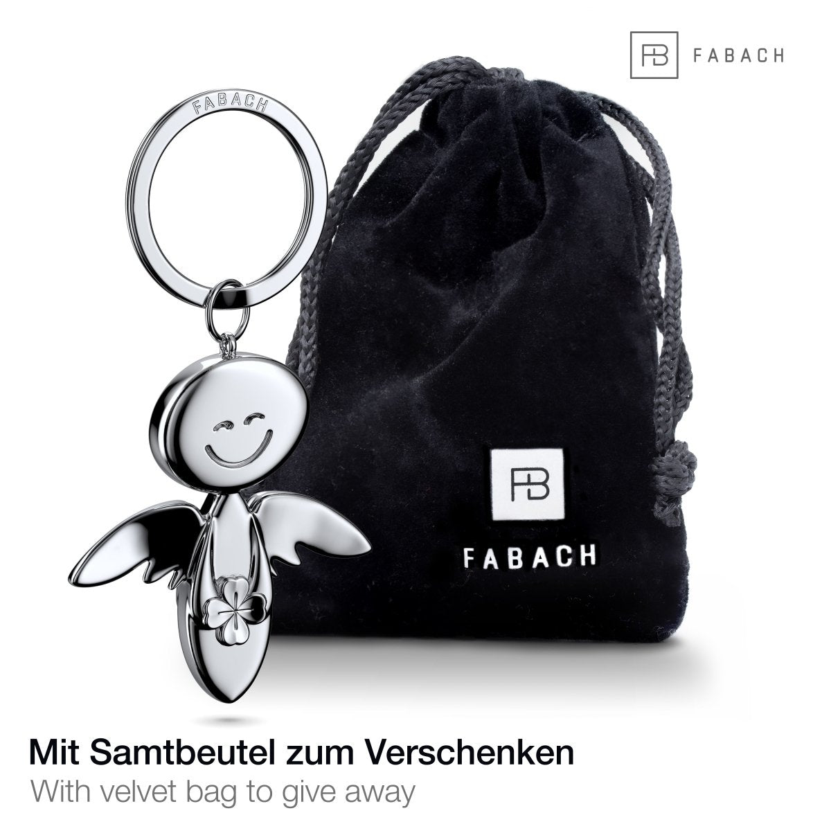 "Smile" mit Kleeblatt - Schutzengel Schlüsselanhänger - Engel Glücksbringer - Viel Glück Glücksengel - FABACH#farbe_silber