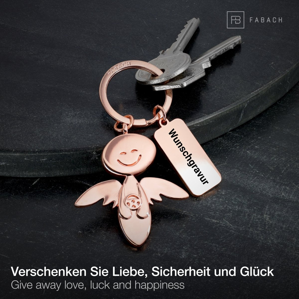 "Smile" mit Lenkrad - Schutzengel Schlüsselanhänger - Engel Glücksbringer - FABACH#farbe_roségold#personalisierung_mit gravur (+5.00€)