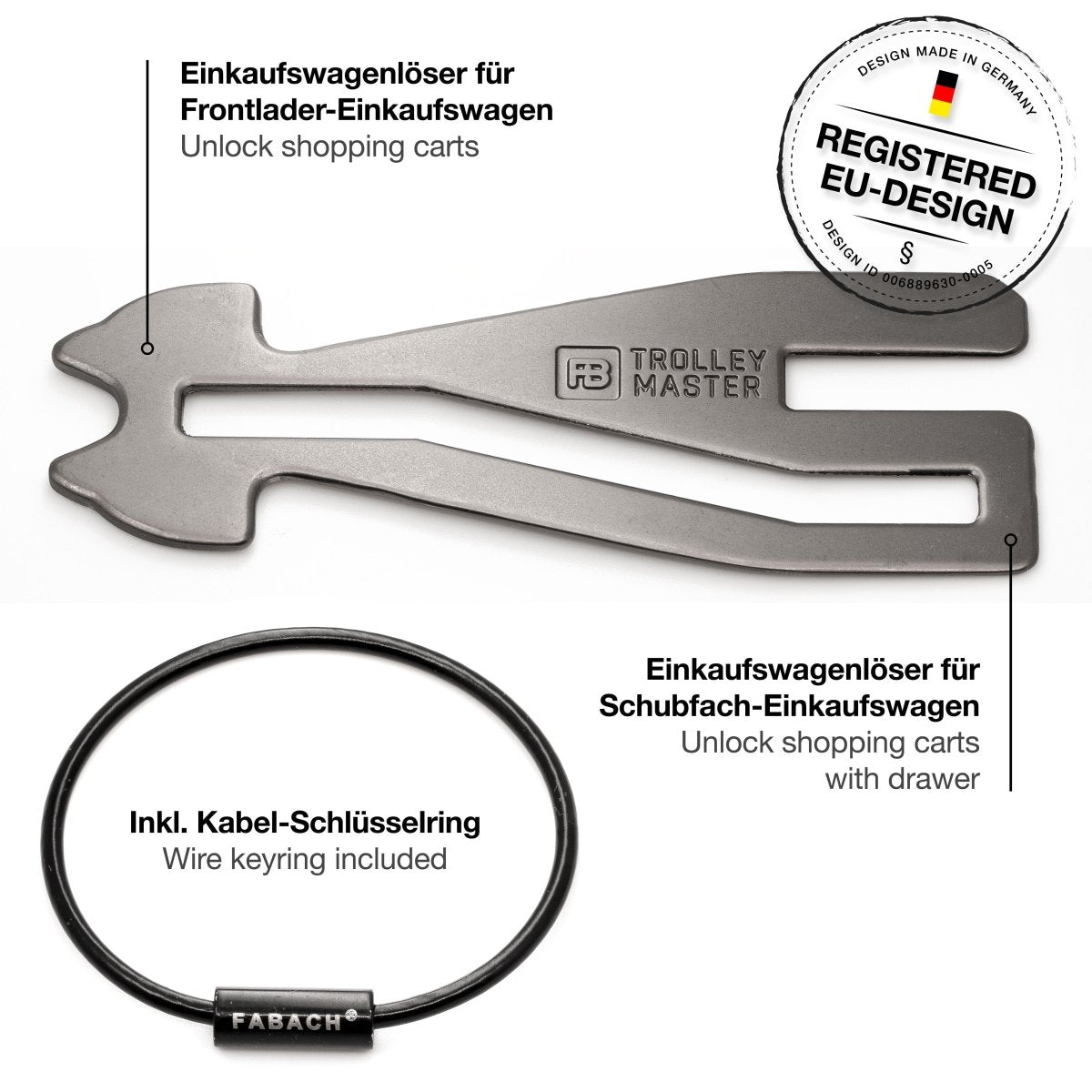 "Trolley Master" (schwarz) Der erste Einkaufswagenlöser für alle Einkaufswagen - FABACH