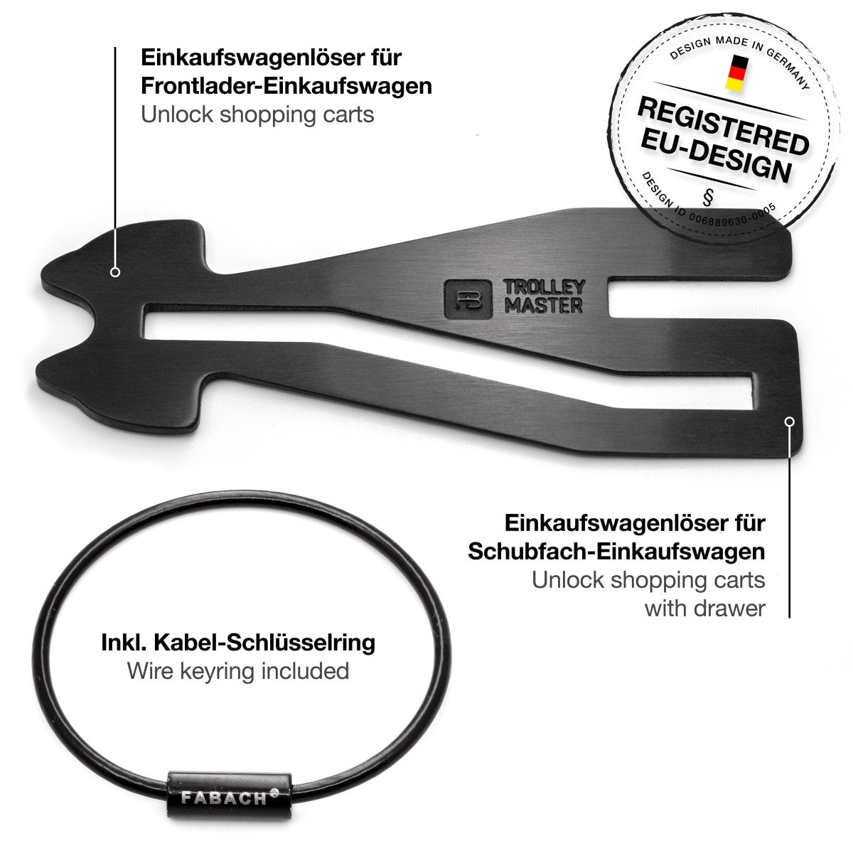 "Trolley Master Stainless Steel Series" - Der erste Einkaufswagenlöser für alle Einkaufswagen - Das Original bald auch in Edelstahl - FABACH#farbe_schwarz