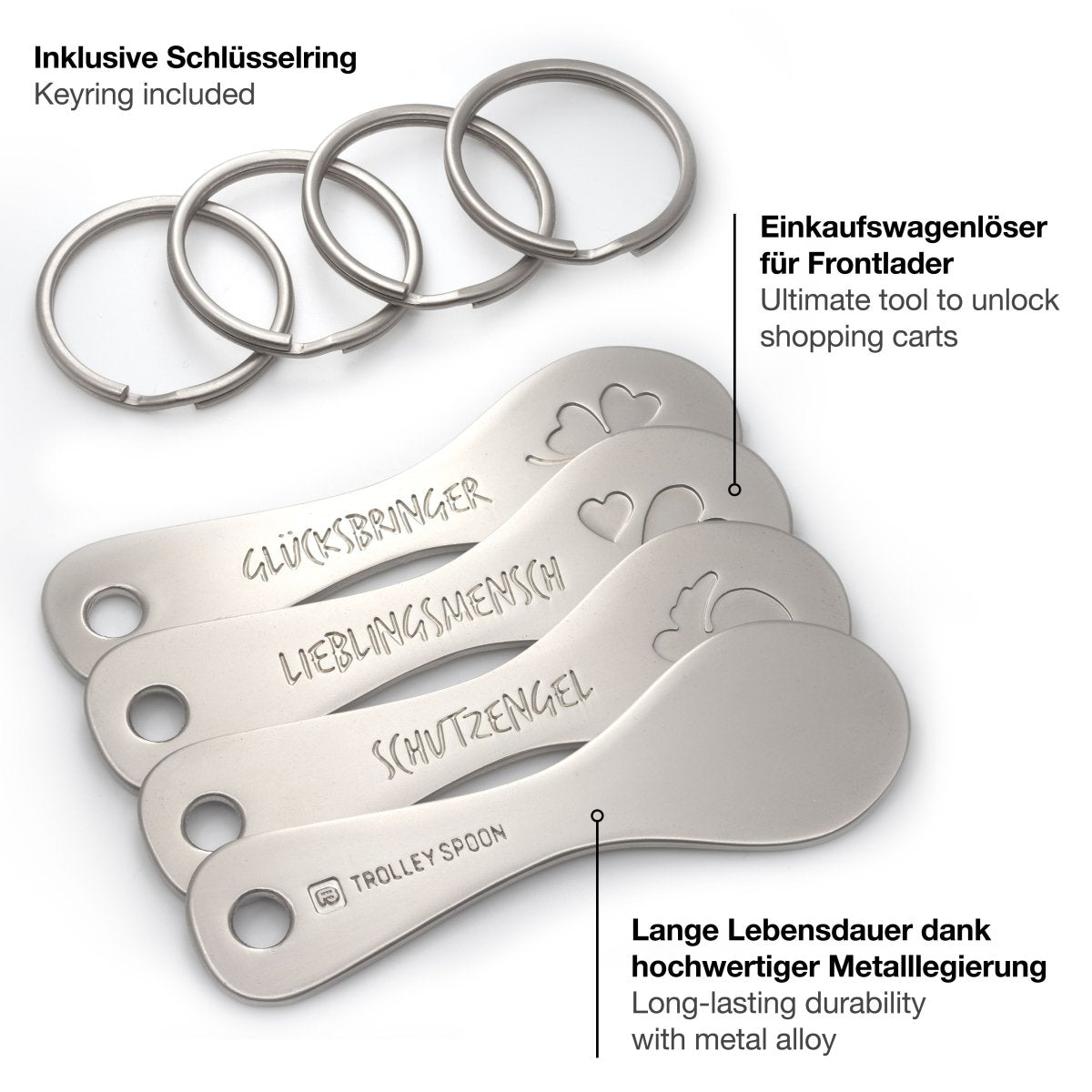 "Trolley Spoon" Einkaufswagenlöser Schlüsselanhänger - Einkaufswagenchip abziehbar aus Metall - FABACH#stil_alle 4 varianten 